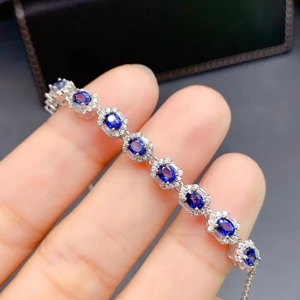 Elegant Sliver Bracelet With Sapphire Blue Gemstones